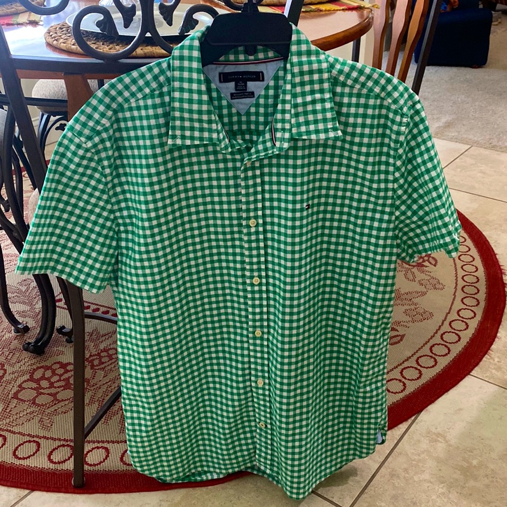 Tommy Hilfiger Men's Short Sleeve Green Gingham Casual Button Down Shirt - Sz XL